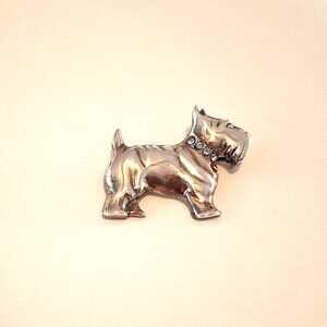 Vintage Jezlaine Signed Sterling Silver Scottie Dog Blue Rhinestone Collar Pin